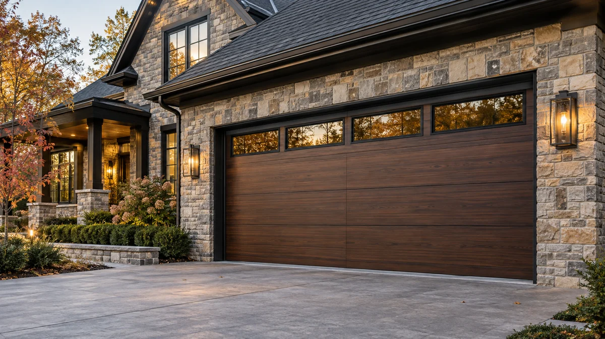Illustrative wood-look garage door on a stone home